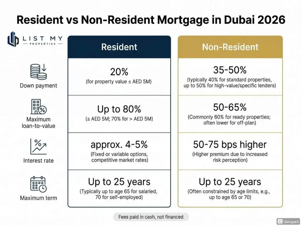 Comparison of Dubai resident and non-resident mortgage rules in 2026 including down payment, loan to value, interest rate and loan term
