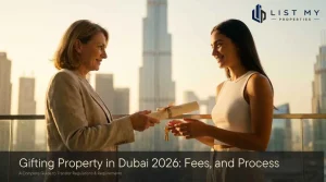 Parent gifting a Dubai property to their adult child in 2026, handing over the title deed and keys with the Dubai skyline behind