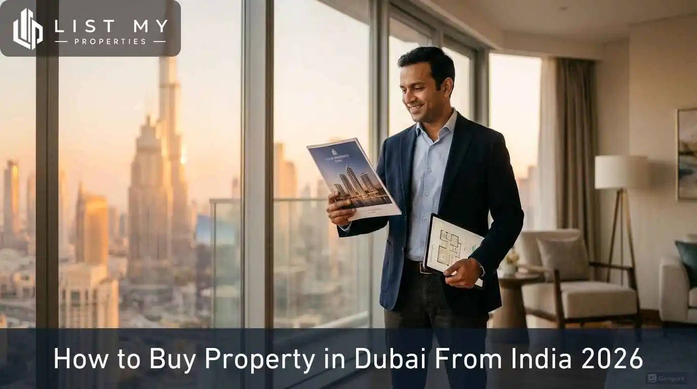 Indian investor buying freehold property in Dubai in 2026 with the city skyline behind