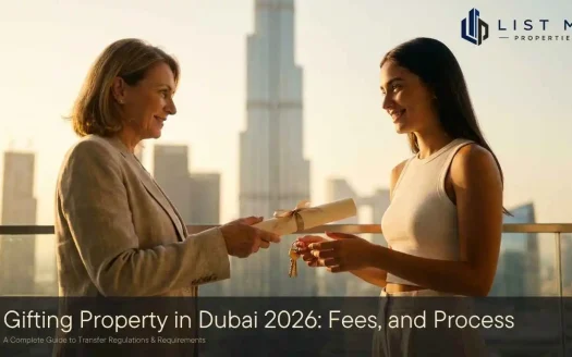Parent gifting a Dubai property to their adult child in 2026, handing over the title deed and keys with the Dubai skyline behind