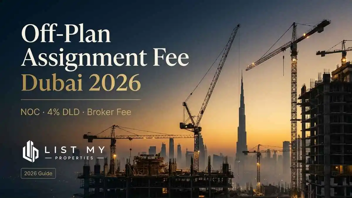 Infographic showing Dubai off-plan assignment fee breakdown — developer NOC, 4% DLD transfer and broker commission with a city skyline