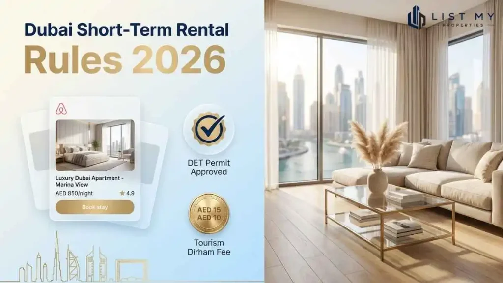 Dubai short-term rental rules 2026 guide showing DET holiday home permit, Airbnb rules, Tourism Dirham and owner checklist.