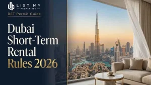 Dubai short-term rental rules 2026 guide showing DET holiday home permit, Airbnb rules, Tourism Dirham and owner checklist.