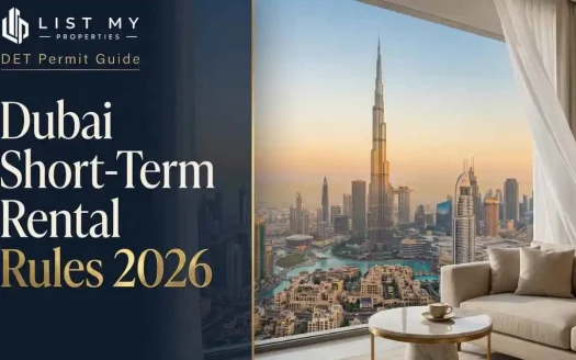 Dubai short-term rental rules 2026 guide showing DET holiday home permit, Airbnb rules, Tourism Dirham and owner checklist.