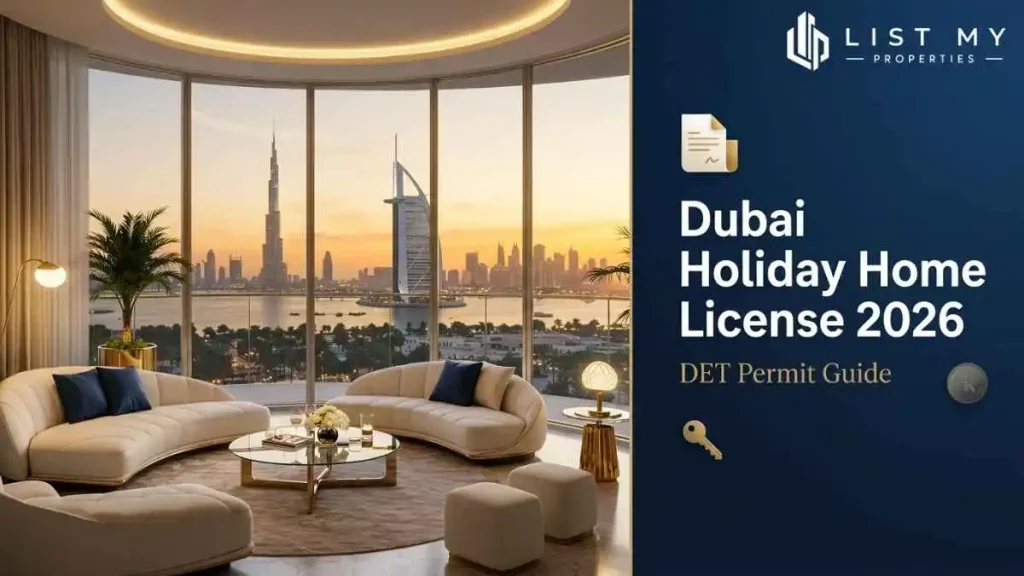 Dubai Holiday Home License 2026 guide showing DET permit, required documents, Tourism Dirham, Airbnb listing and owner checklist.