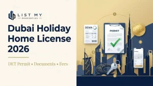 Dubai Holiday Home License 2026 guide showing DET permit, required documents, Tourism Dirham, Airbnb listing and owner checklist.