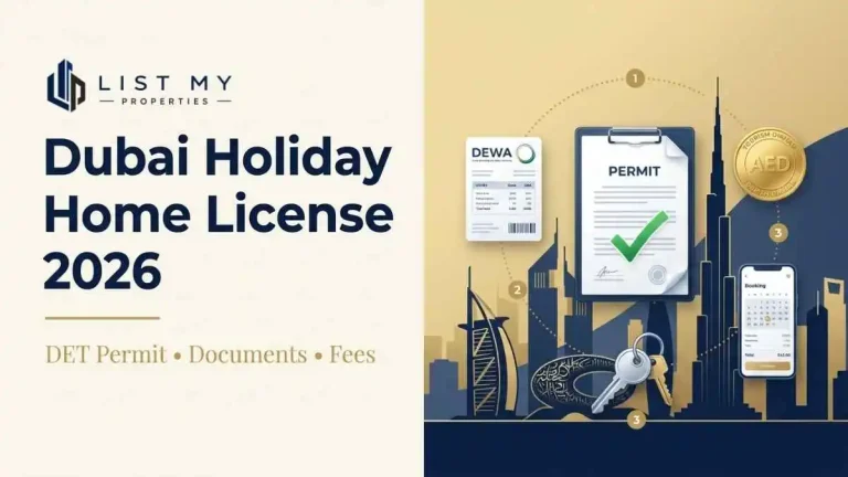 Dubai Holiday Home License 2026 guide showing DET permit, required documents, Tourism Dirham, Airbnb listing and owner checklist.