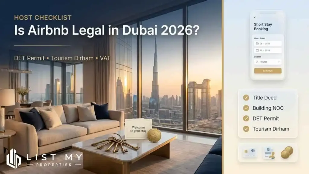 Is Airbnb legal in Dubai 2026 guide showing DET holiday home permit, Tourism Dirham, tenant subletting and host checklist.