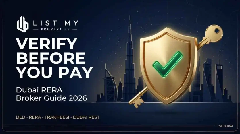 Dubai RERA broker verification checklist showing broker number, agency license, e-card, listing permit and payment safety checks.
