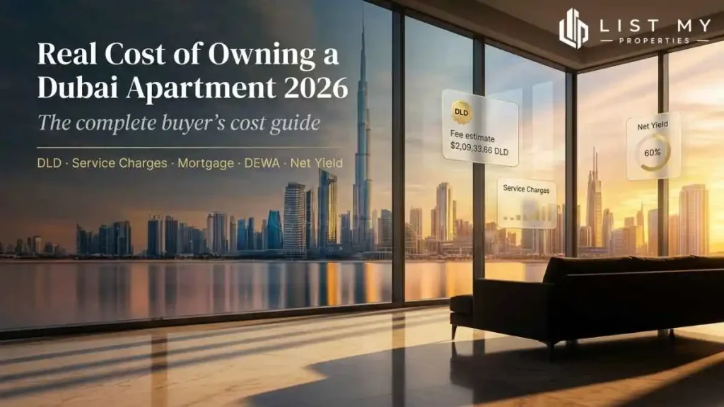 Real cost of owning a Dubai apartment in 2026 including DLD fees, service charges, mortgage, DEWA, maintenance and net yield calculator.