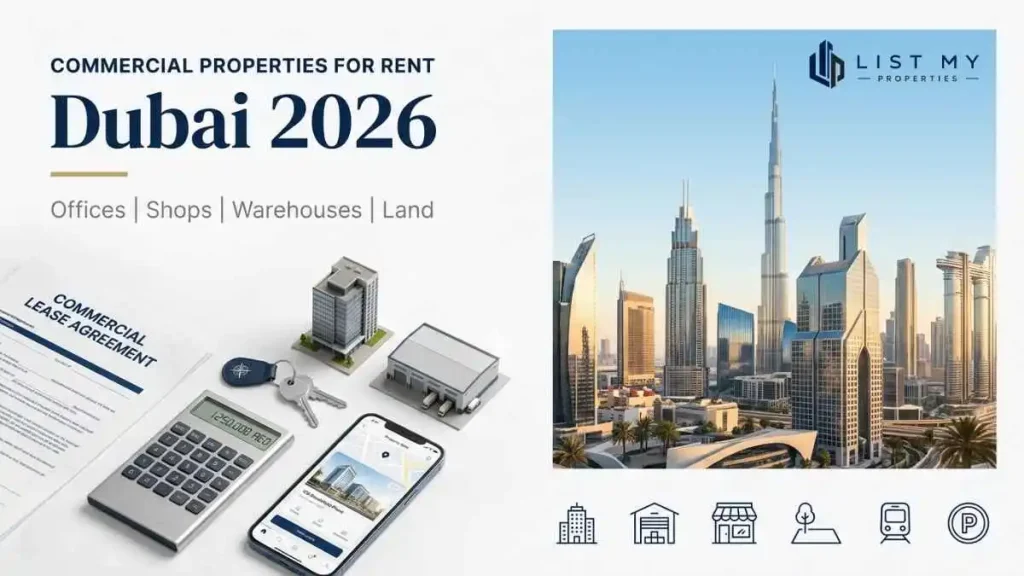 Commercial properties for rent in Dubai including office space, warehouse, retail shop and commercial land lease checklist.