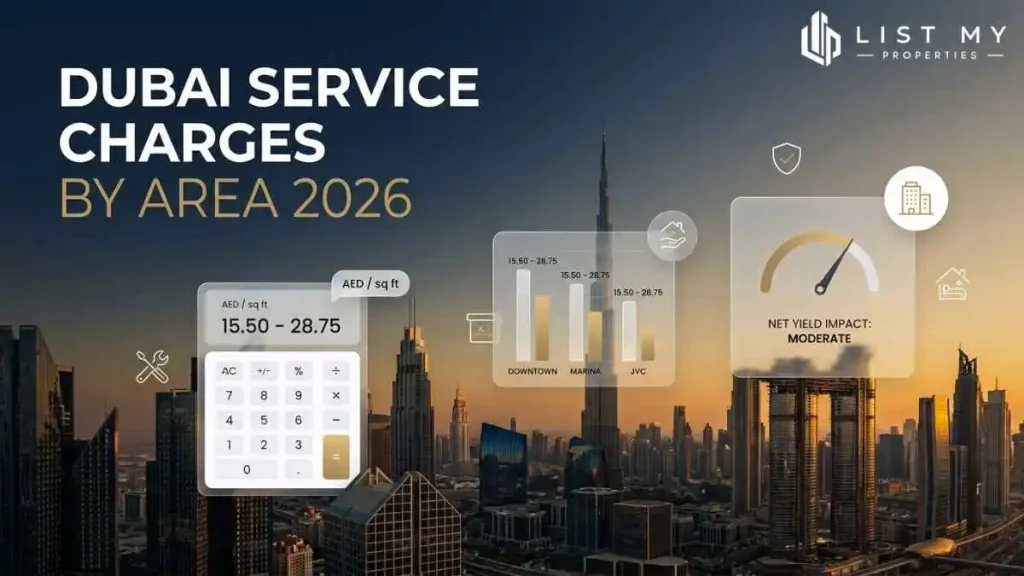 Dubai service charges by area 2026 calculator showing AED per sq ft, annual ownership cost and net rental yield impact.