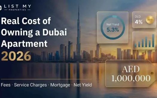 Real cost of owning a Dubai apartment in 2026 including DLD fees, service charges, mortgage, DEWA, maintenance and net yield calculator.