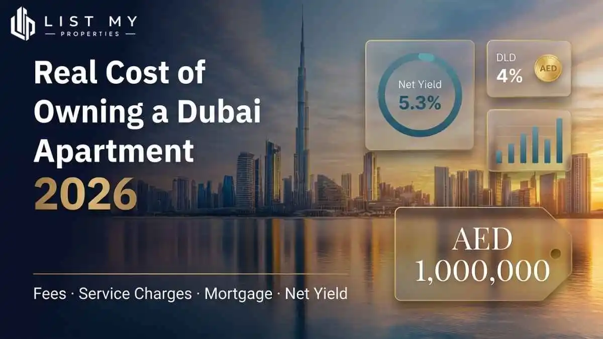 Real cost of owning a Dubai apartment in 2026 including DLD fees, service charges, mortgage, DEWA, maintenance and net yield calculator.