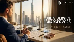 Dubai service charges by area 2026 calculator showing AED per sq ft, annual ownership cost and net rental yield impact.