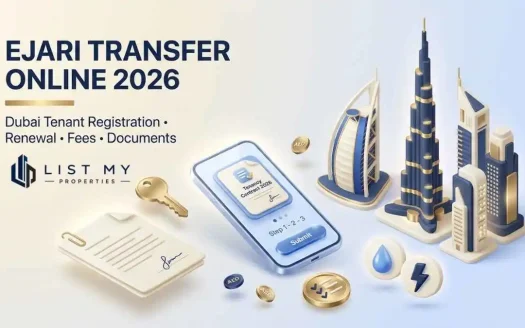 Ejari transfer online Dubai 2026 guide showing tenancy contract registration, Dubai REST app, DLD fees, documents and DEWA move-in checklist.