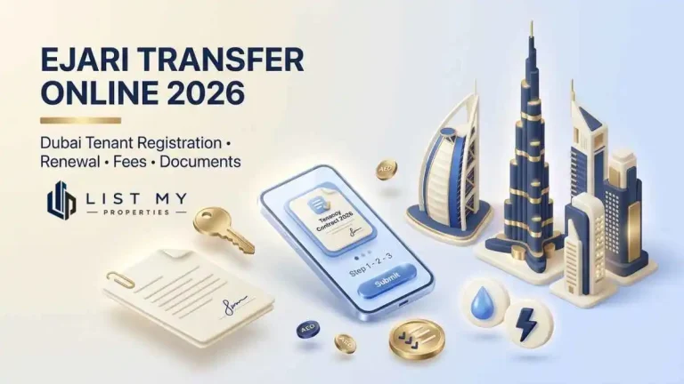 Ejari transfer online Dubai 2026 guide showing tenancy contract registration, Dubai REST app, DLD fees, documents and DEWA move-in checklist.