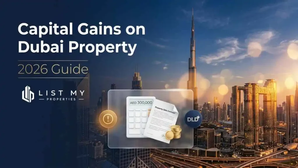 Capital gains on Dubai property 2026 guide showing property sale profit, UAE tax rules, DLD fees, corporate tax and seller net proceeds.