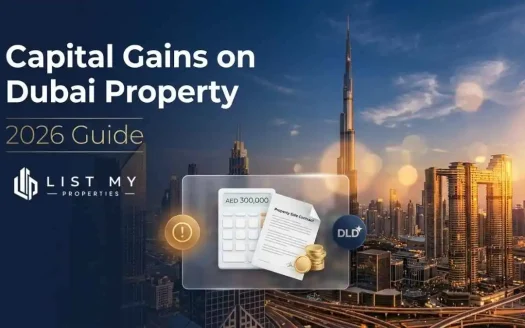 Capital gains on Dubai property 2026 guide showing property sale profit, UAE tax rules, DLD fees, corporate tax and seller net proceeds.