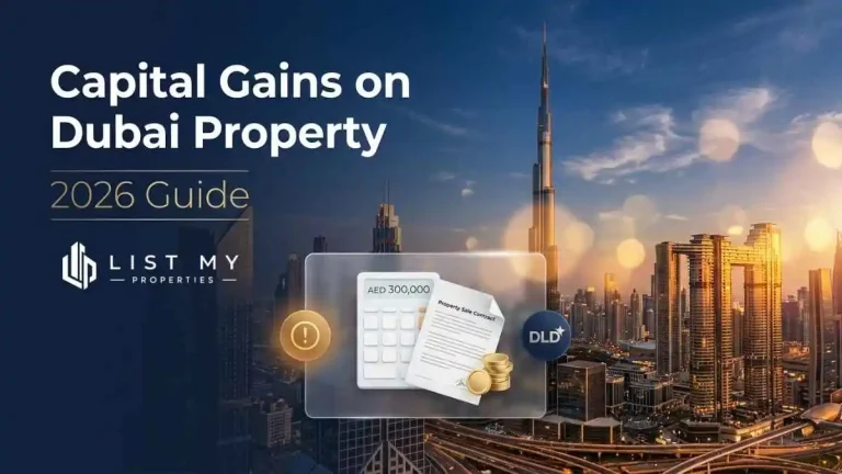 Capital gains on Dubai property 2026 guide showing property sale profit, UAE tax rules, DLD fees, corporate tax and seller net proceeds.