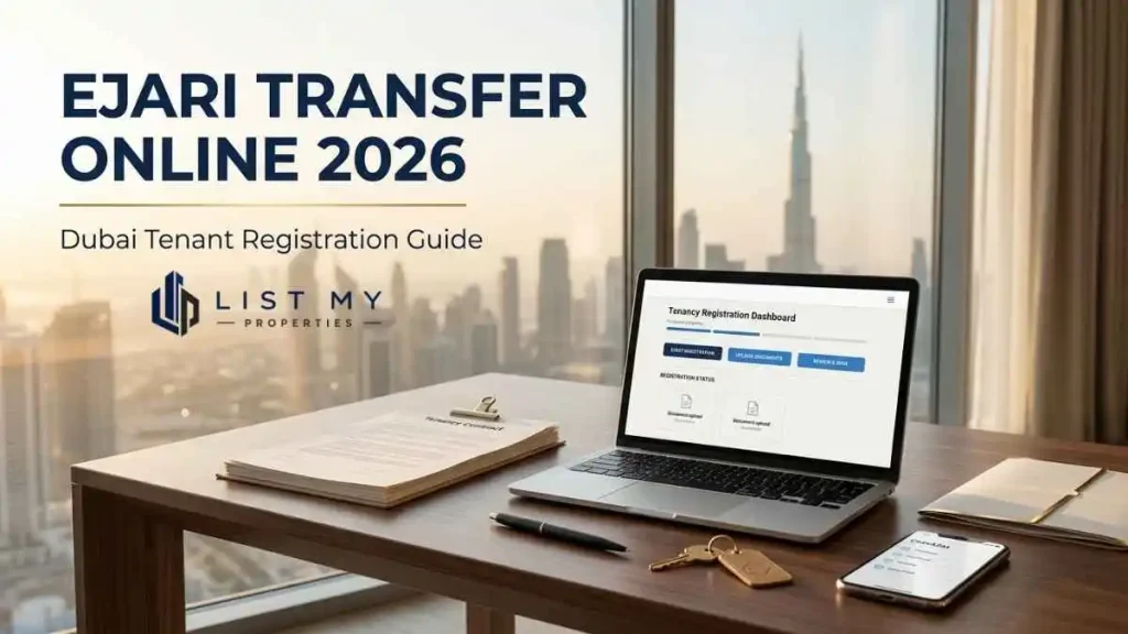 Ejari transfer online Dubai 2026 guide showing tenancy contract registration, Dubai REST app, DLD fees, documents and DEWA move-in checklist.