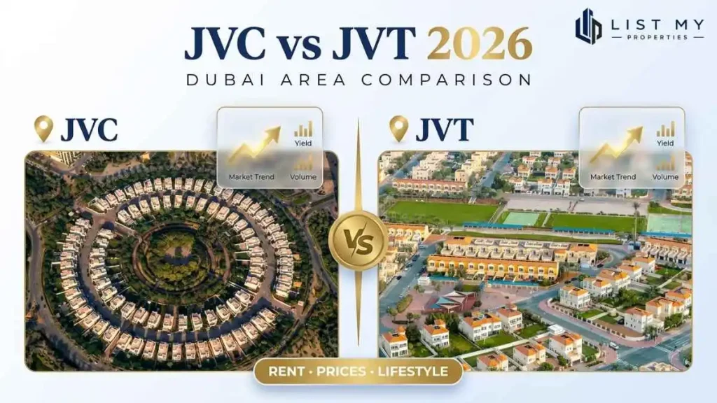 JVC vs JVT Dubai 2026 comparison showing Jumeirah Village Circle apartments, Jumeirah Village Triangle villas, rents, prices and lifestyle
