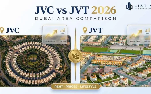 JVC vs JVT Dubai 2026 comparison showing Jumeirah Village Circle apartments, Jumeirah Village Triangle villas, rents, prices and lifestyle
