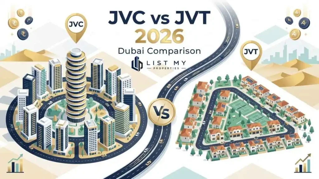 JVC vs JVT Dubai 2026 comparison showing Jumeirah Village Circle apartments, Jumeirah Village Triangle villas, rents, prices and lifestyle