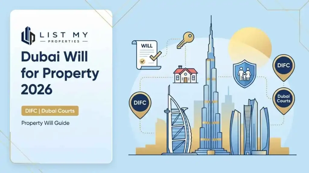 Dubai Will for Property 2026 guide showing non-Muslim property owner, DIFC Property Will, Dubai Courts will route, title deed and inheritance checklist.
