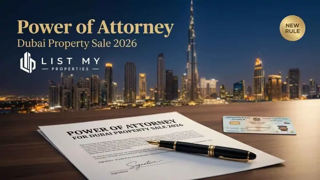 Power of Attorney document for selling property in Dubai with a pen, Emirates ID and Dubai skyline in the background
