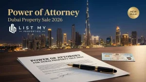 Power of Attorney document for selling property in Dubai with a pen, Emirates ID and Dubai skyline in the background