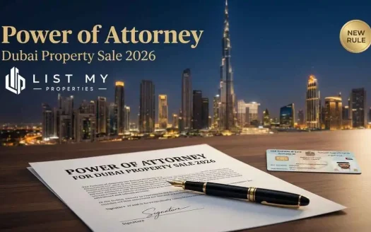 Power of Attorney document for selling property in Dubai with a pen, Emirates ID and Dubai skyline in the background