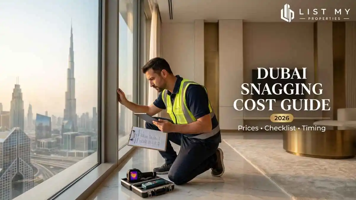 Snagging inspector checking a new Dubai apartment for defects with a checklist and the Dubai skyline in the background