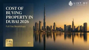 Buyer reviewing the full cost of buying property in Dubai in 2026 with a fee breakdown and the Dubai skyline in the background