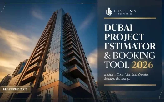 Dubai project estimator and booking tool showing project cost, cost per sqm and 0.5% booking fee