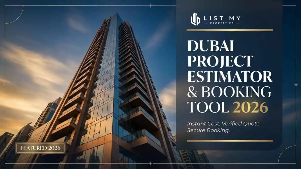 Dubai project estimator and booking tool showing project cost, cost per sqm and 0.5% booking fee