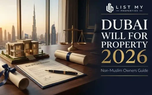 Dubai Will for Property 2026 guide showing non-Muslim property owner, DIFC Property Will, Dubai Courts will route, title deed and inheritance checklist.