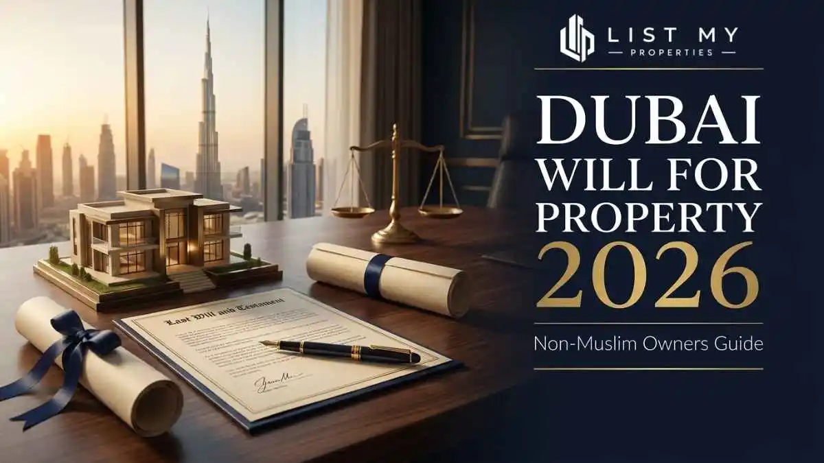 Dubai Will for Property 2026 guide showing non-Muslim property owner, DIFC Property Will, Dubai Courts will route, title deed and inheritance checklist.