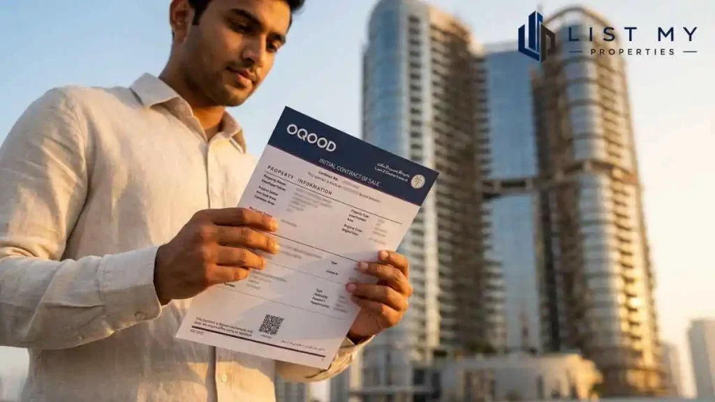 Diagram showing how an Oqood certificate converts to a title deed at handover in Dubai