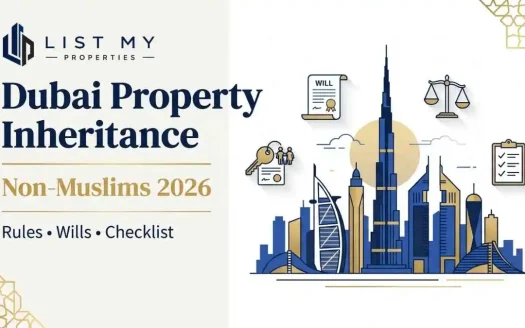 Dubai property inheritance for non-Muslims 2026 guide showing will, probate, title deed, DIFC and Dubai Courts checklist.