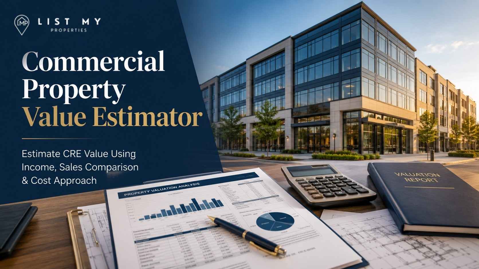 Commercial property value estimator showing real estate valuation report, calculator, and commercial building.