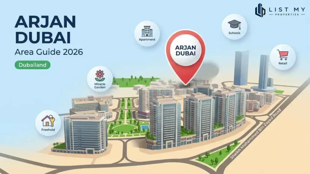 Arjan Dubai area guide 2026 showing apartments, Dubai Miracle Garden, Dubailand location map, rent prices, property prices and community amenities.