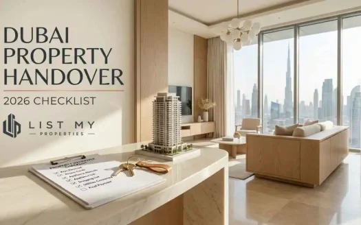 Dubai property handover checklist 2026 showing keys, inspection checklist, floor plan and modern apartment interior before buyer key collection.