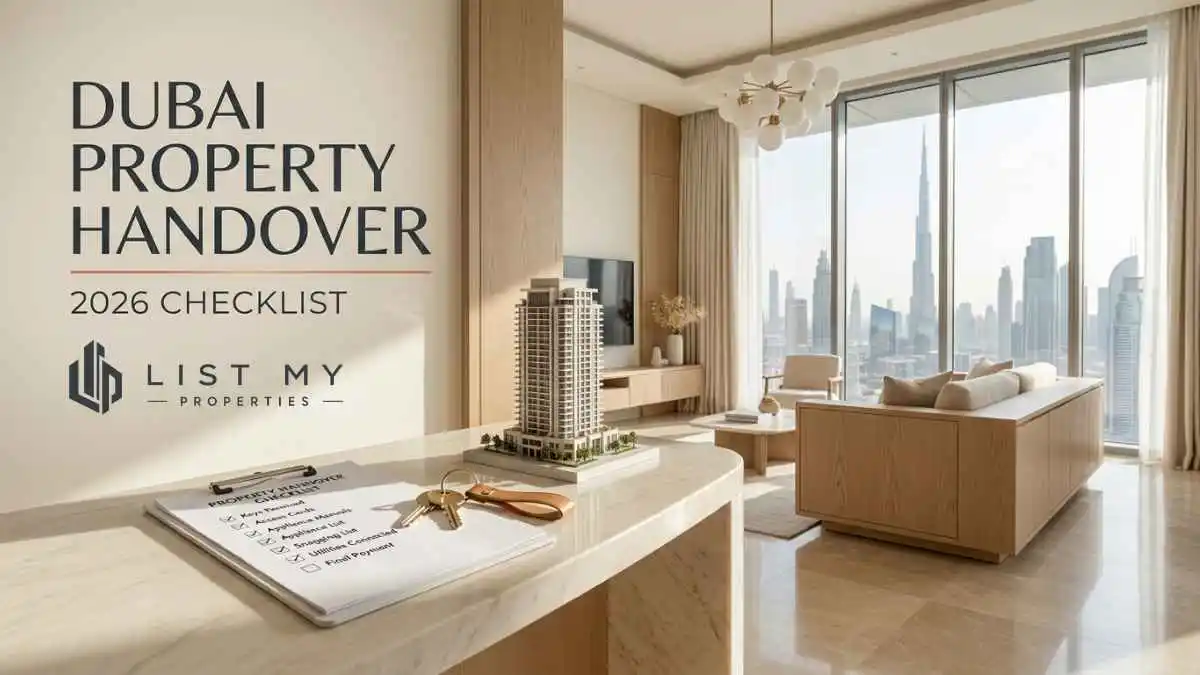 Dubai property handover checklist 2026 showing keys, inspection checklist, floor plan and modern apartment interior before buyer key collection.