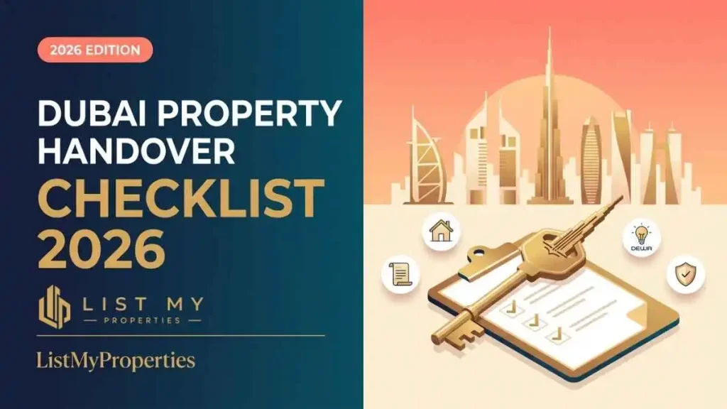 Dubai property handover checklist 2026 showing keys, inspection checklist, floor plan and modern apartment interior before buyer key collection.