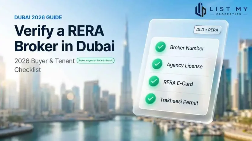 Dubai RERA broker verification checklist showing broker number, agency license, e-card, listing permit and payment safety checks.
