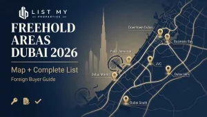 Freehold areas Dubai 2026 map and list showing foreign buyer ownership zones, title deed verification and best areas to buy property.