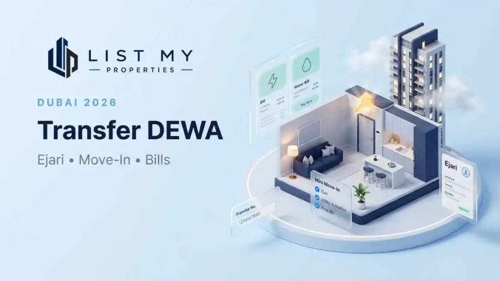 How to transfer DEWA Dubai 2026 guide showing electricity and water activation, Ejari, move-in checklist and utility bill setup.
