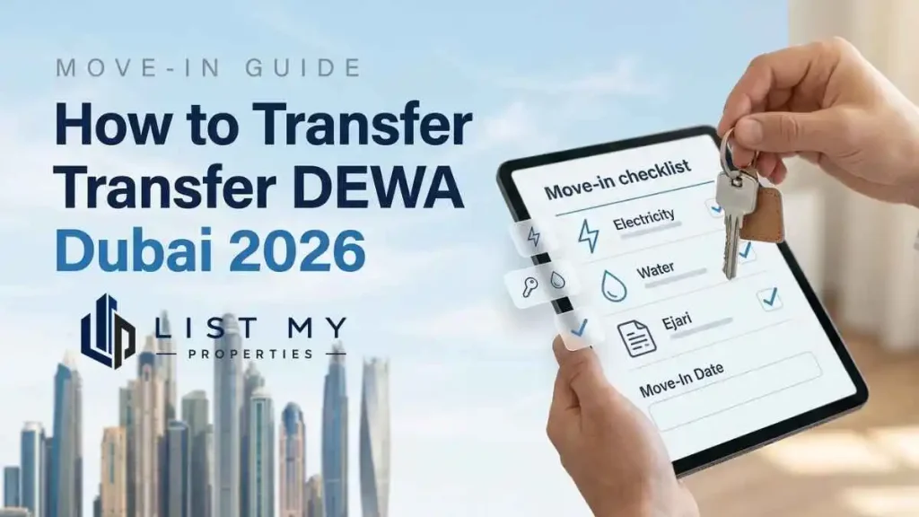 How to transfer DEWA Dubai 2026 guide showing electricity and water activation, Ejari, move-in checklist and utility bill setup.