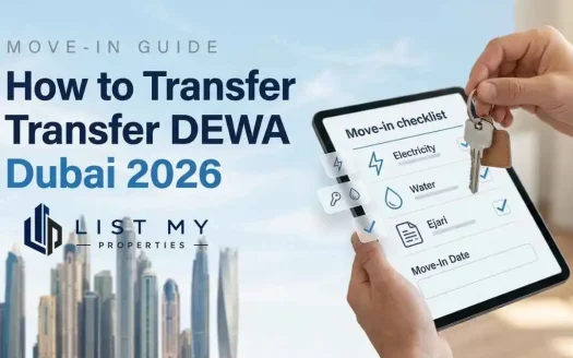 How to transfer DEWA Dubai 2026 guide showing electricity and water activation, Ejari, move-in checklist and utility bill setup.